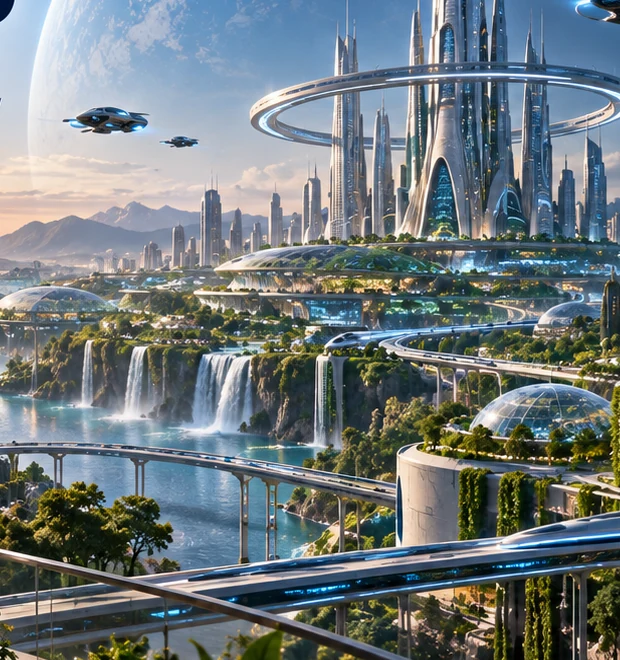 Future city with thriving gardens, waterfalls, glass biodomes and elevated electric transit