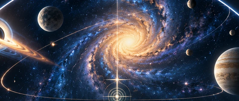 Golden spiral galaxy among stars, planets and glowing orbital paths